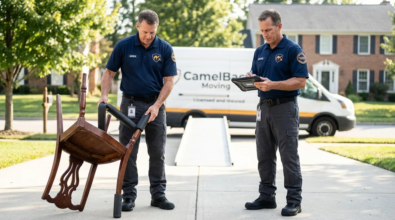 Movers inspecting furniture for damage prevention before loading in Newellton, LA