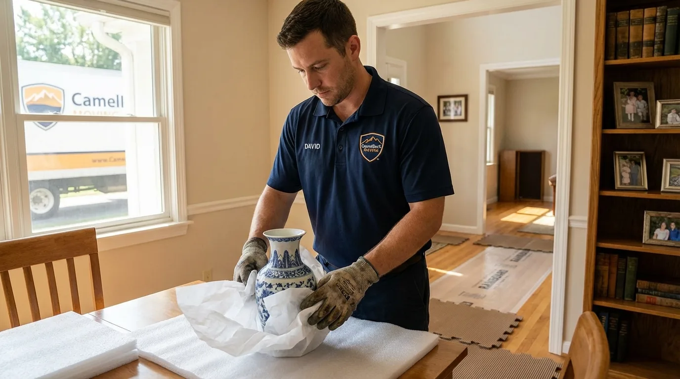Professional crew carefully wrapping antique vase for senior downsizing move in Newellton, LA